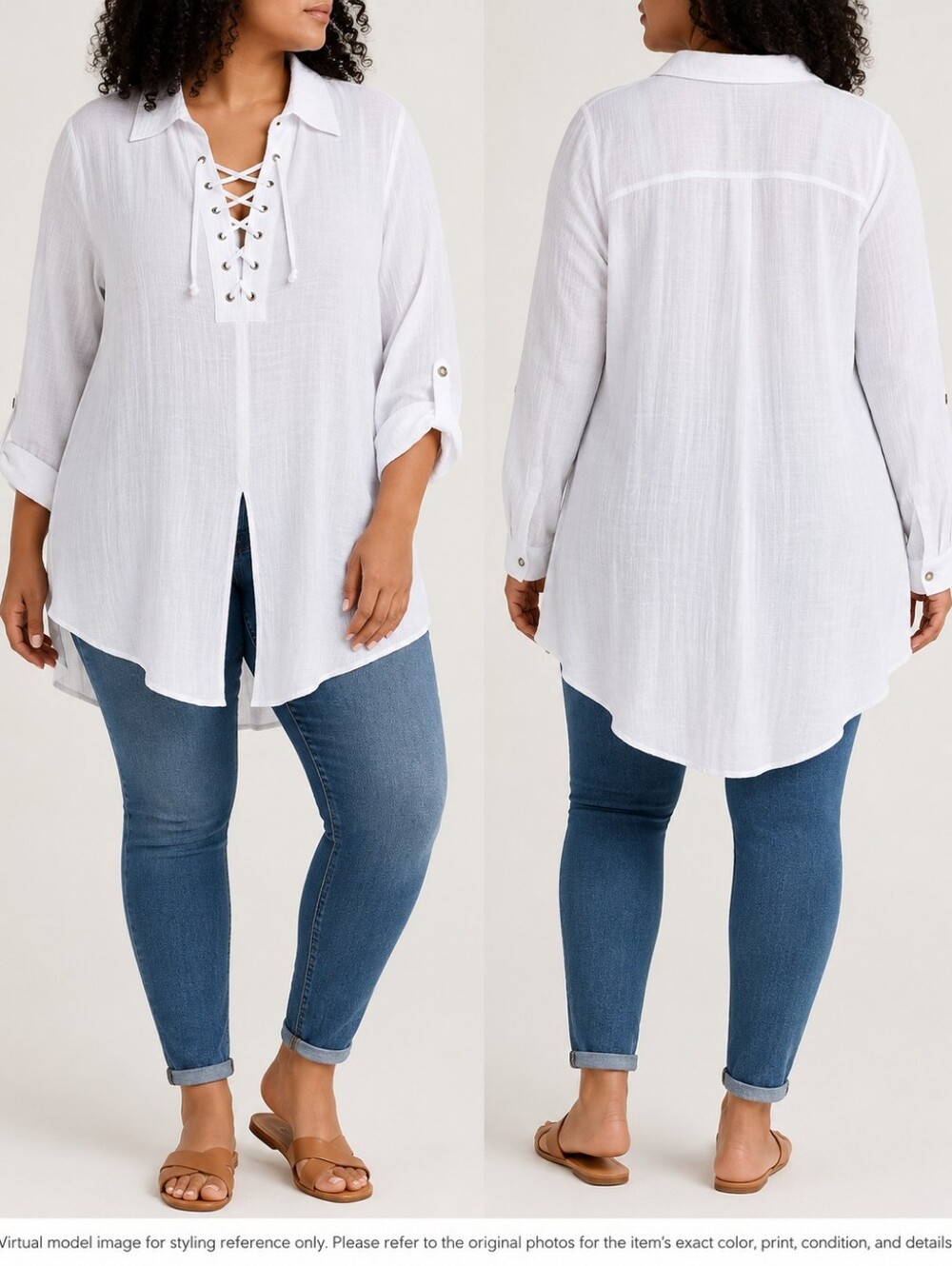 Addition Elle White Lace-Up Tunic Blouse Crinkle Semi Sheer Plus Size 14
